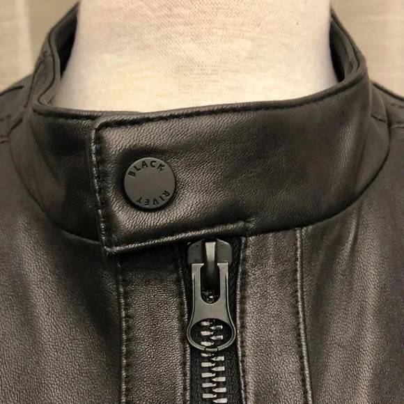 Black Rivet- Band Collar Leather Moto Jacket - Picture 3 of 12